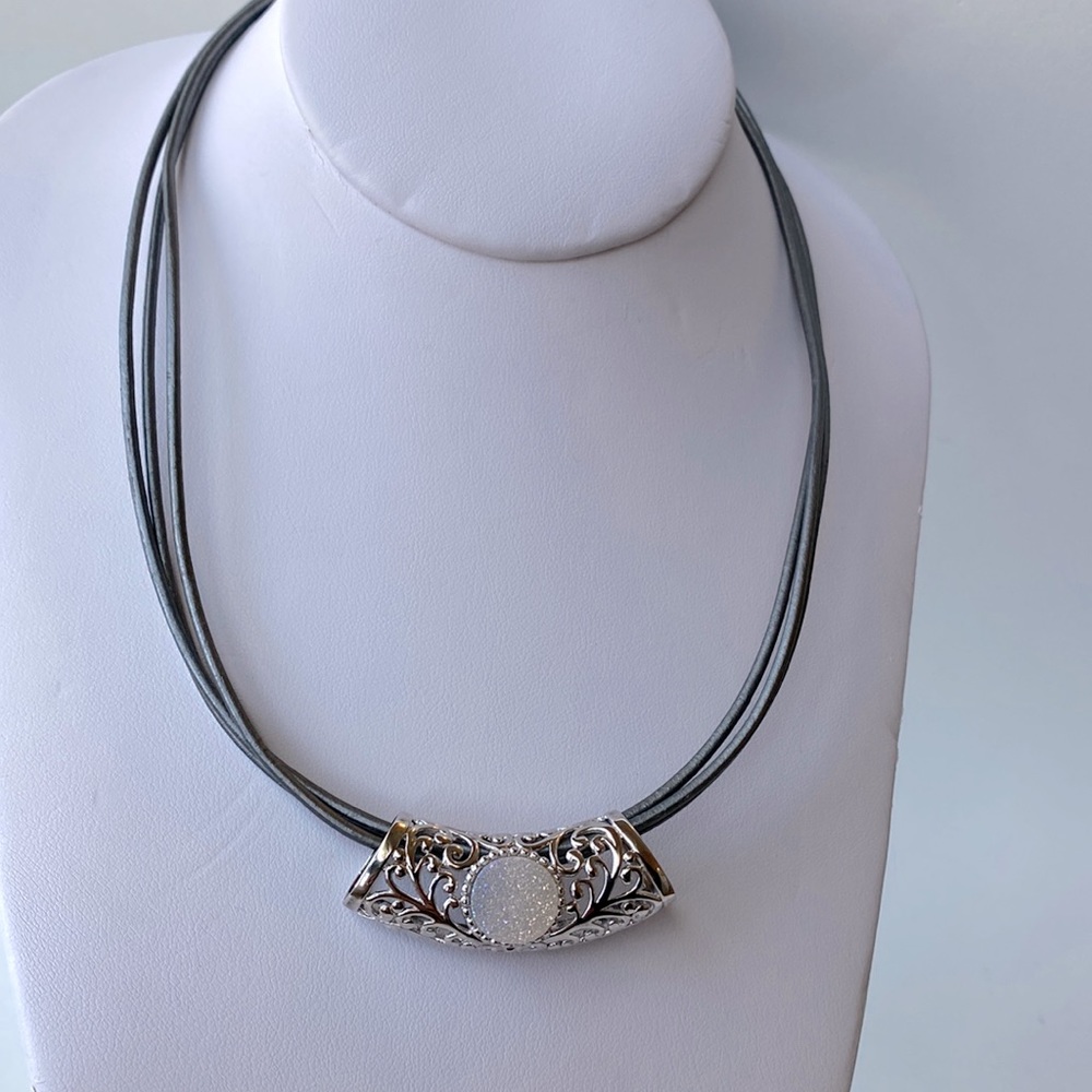Leather, Sterling silver and Druzy choker w/extender